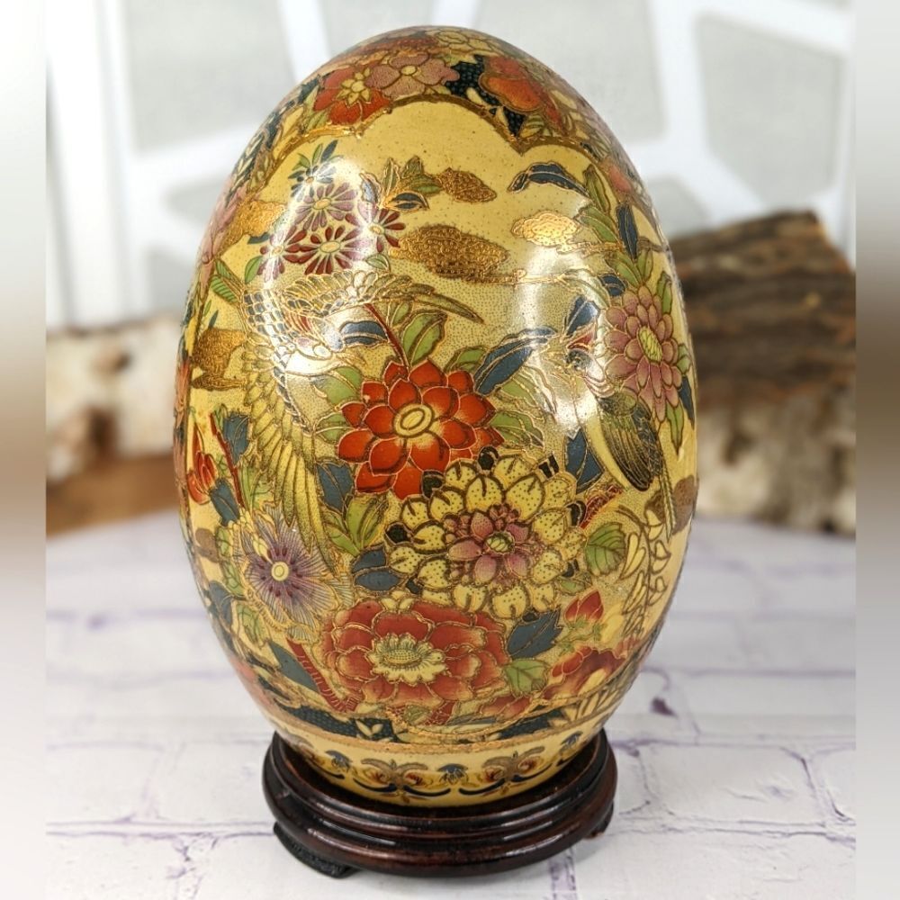 Vtg Asian Hand Painted 9" Tall Satsuma Style Egg with Stand